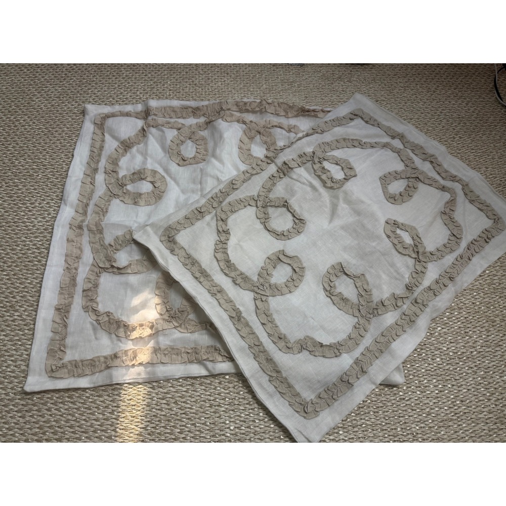 Pine Cone Hill 100% Linen Euro Sham and standard Tan Ruffle Scroll Applique